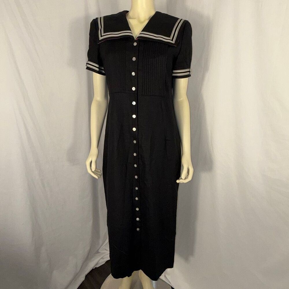 Vintage 90s Jessica Howard Petite Black Linen Blend Sailor Midi Dress Nautical P